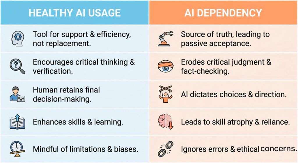 healthy AI usage vs AI dependency comparison